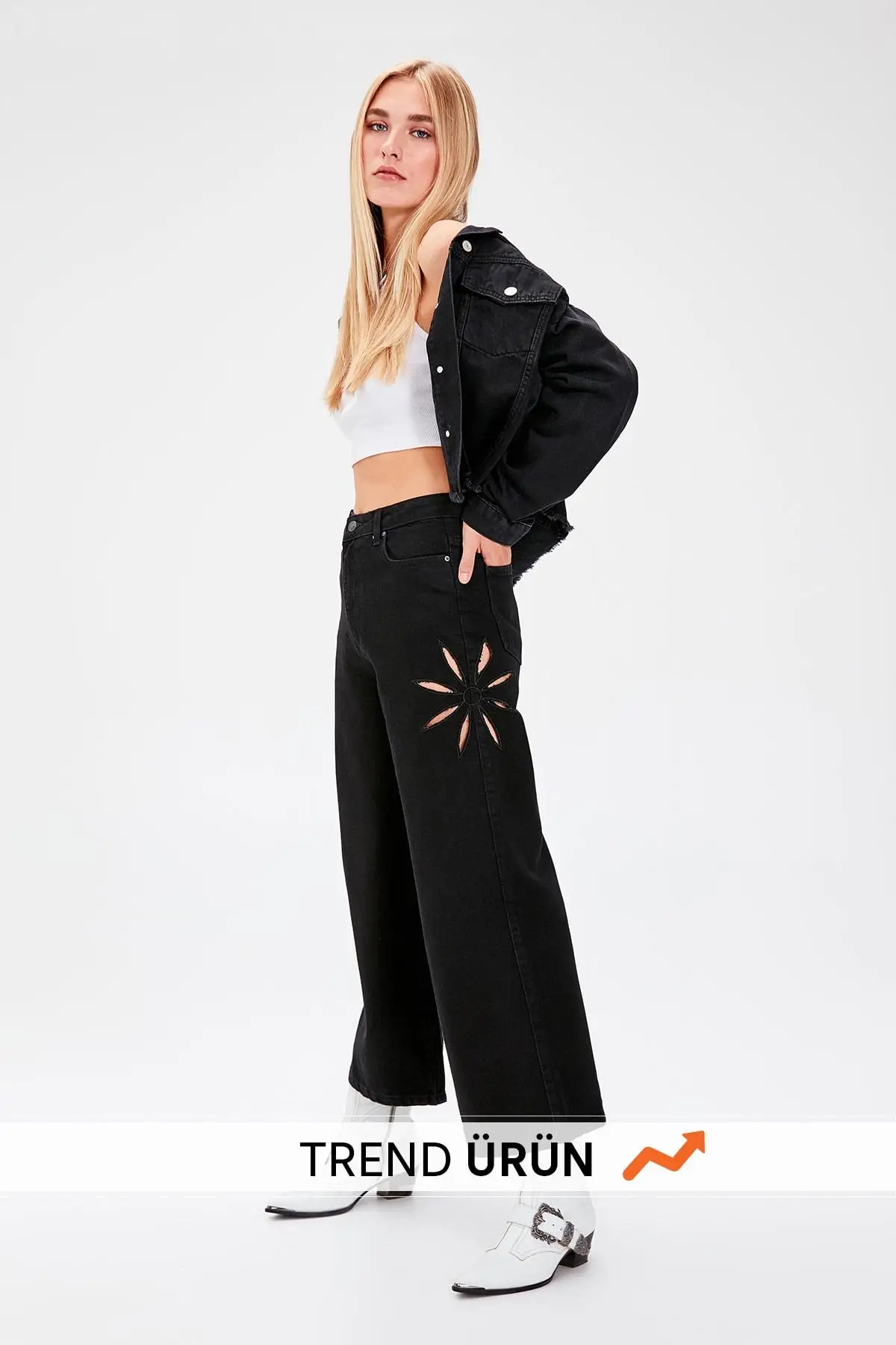 Trendyol/черные широкие джинсы с вышивкой TWOAW20JE0092| |