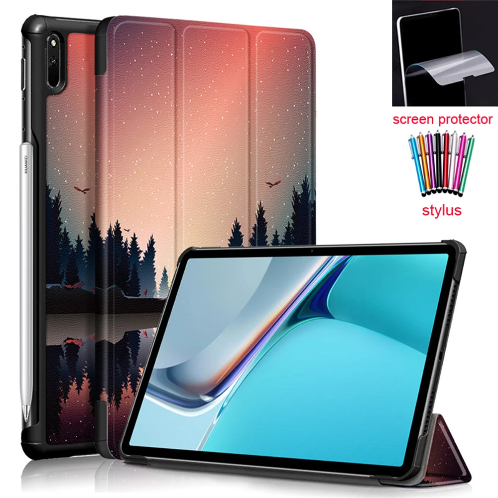 

Умный чехол из искусственной кожи для планшета Huawei Matepad 11 2021 дюйма, трехскладной чехол-подставка + защита для экрана + стилус