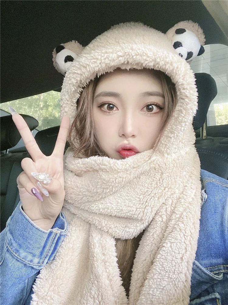 

2020 Korean autumn and winter parent-child one-piece hat scarf lamb cashmere one-piece hat scarf lovely panda parent-child scarf