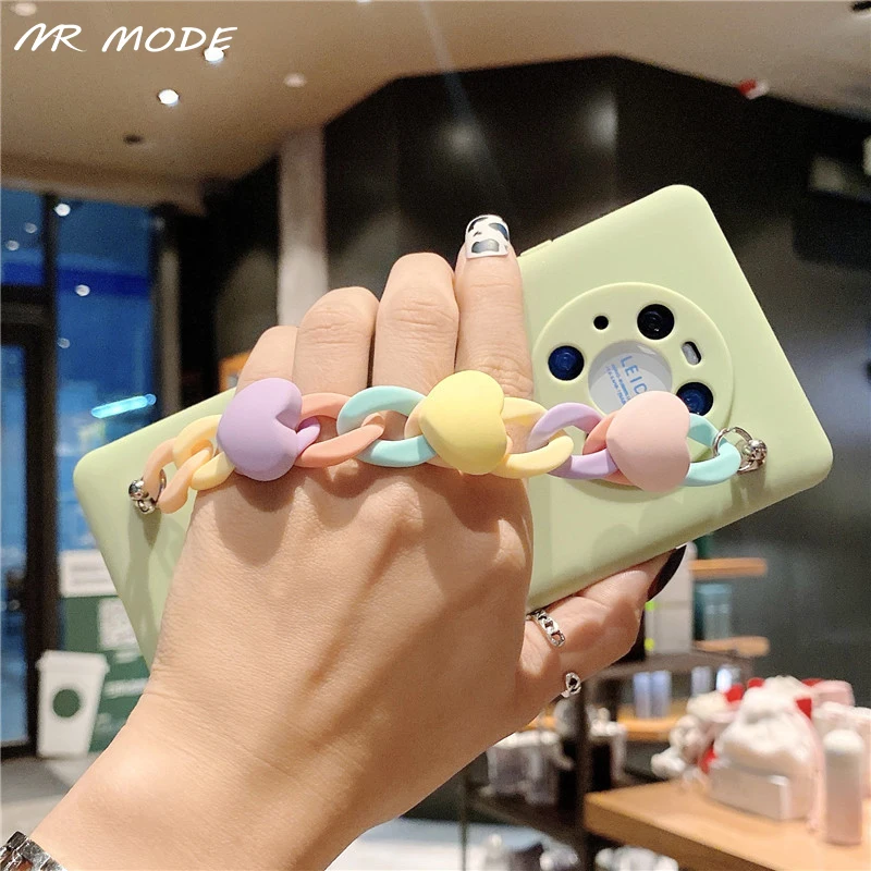 

Wrist Strap Chain Phone Case For Huawei P50 P40 Pro Plus Y5p Y6p Y8s Y7p Mate 40 Pro P Smart 2021 Candy Cover Soft TPU Capa