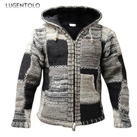 lugentolo hooded jackets men cardigan warm autumn large size coat mens plus velvet loose zipper street knitted jackets