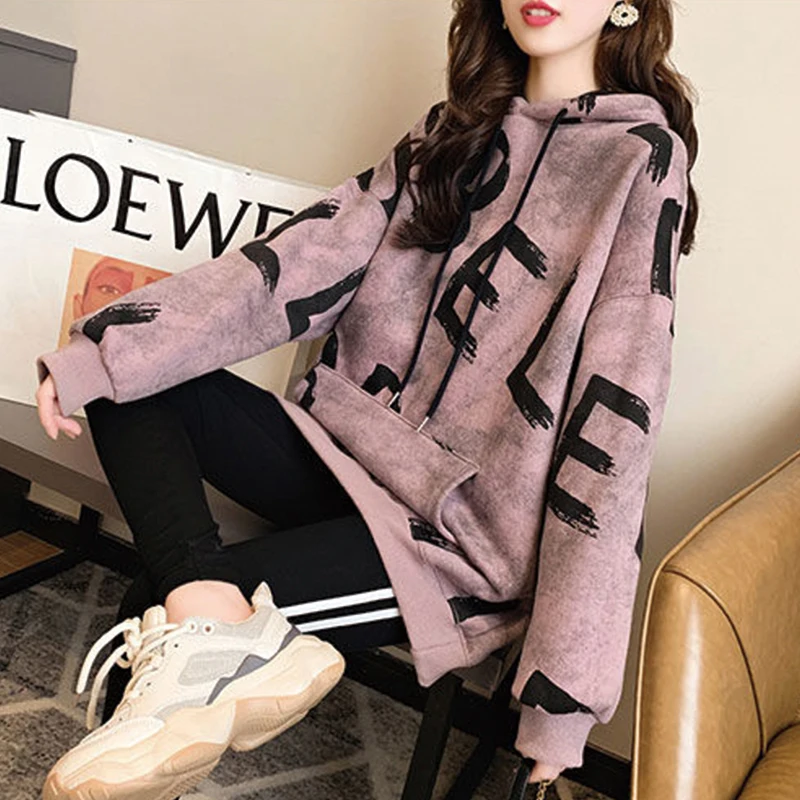 

2021 Autumn Winter New Women's Sweatshirt Fashion Letter Print Fleece Hoodies Casual Oversized Mid length Hooded Sweatshirt