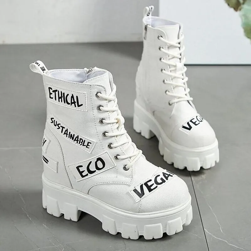 

2021 Winter New Women's Thick Soled Ankle Boots Platform Canvas Boots Women's 9cm High Heel Wedge Boots Women's Sneakers