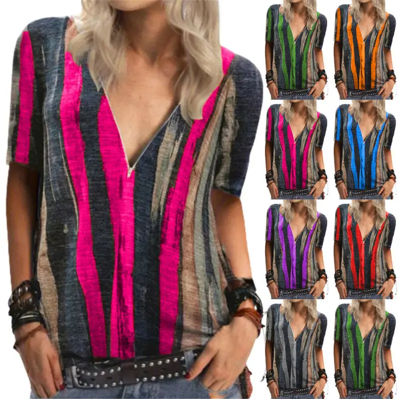 

Womens Striped Tie Dye T-shirt V Neck Zip Up Tunic Blouse Short Sleeve Tops Tee