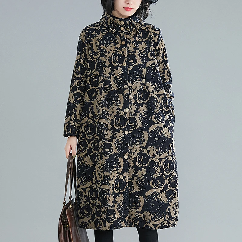 

Ethnic Style Cotton Linen Printed Windbreaker Women Stand-Up Collar Single-Breasted Plus Velvet Thickened Winter Coat For Women