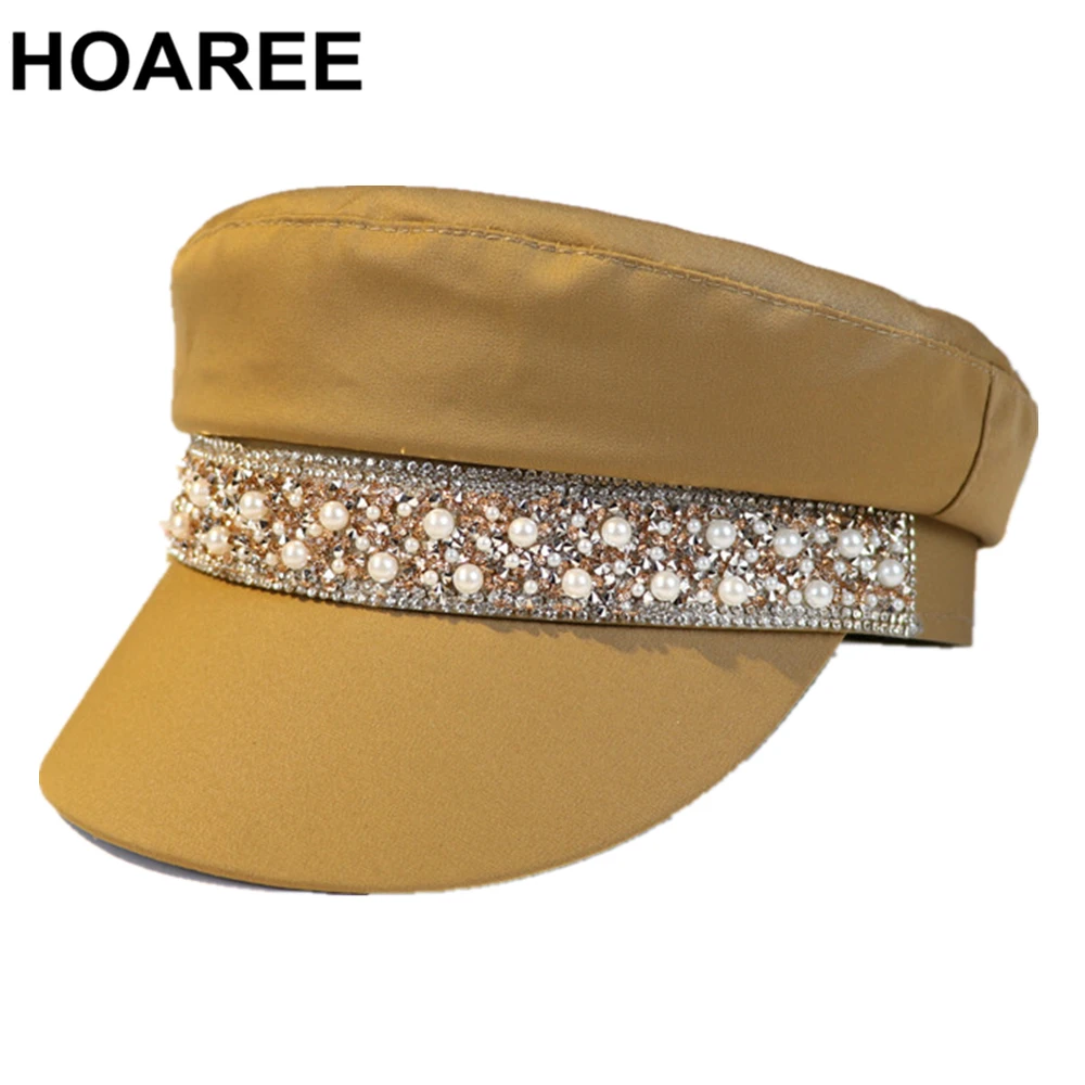 

HOAREE Autumn Winter Hats for Women Khaki Newsboy Cap Pearl Decorate Female Vintage Designer 2021 New Brand Ladies Sailor Hat