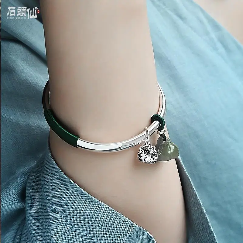 

Silver Bracelet Women's Sterling Silver Antique 999 Bell Palace Bell Pure Silver Retro Solid Jade-Made Seedpod of the Lotus Rope