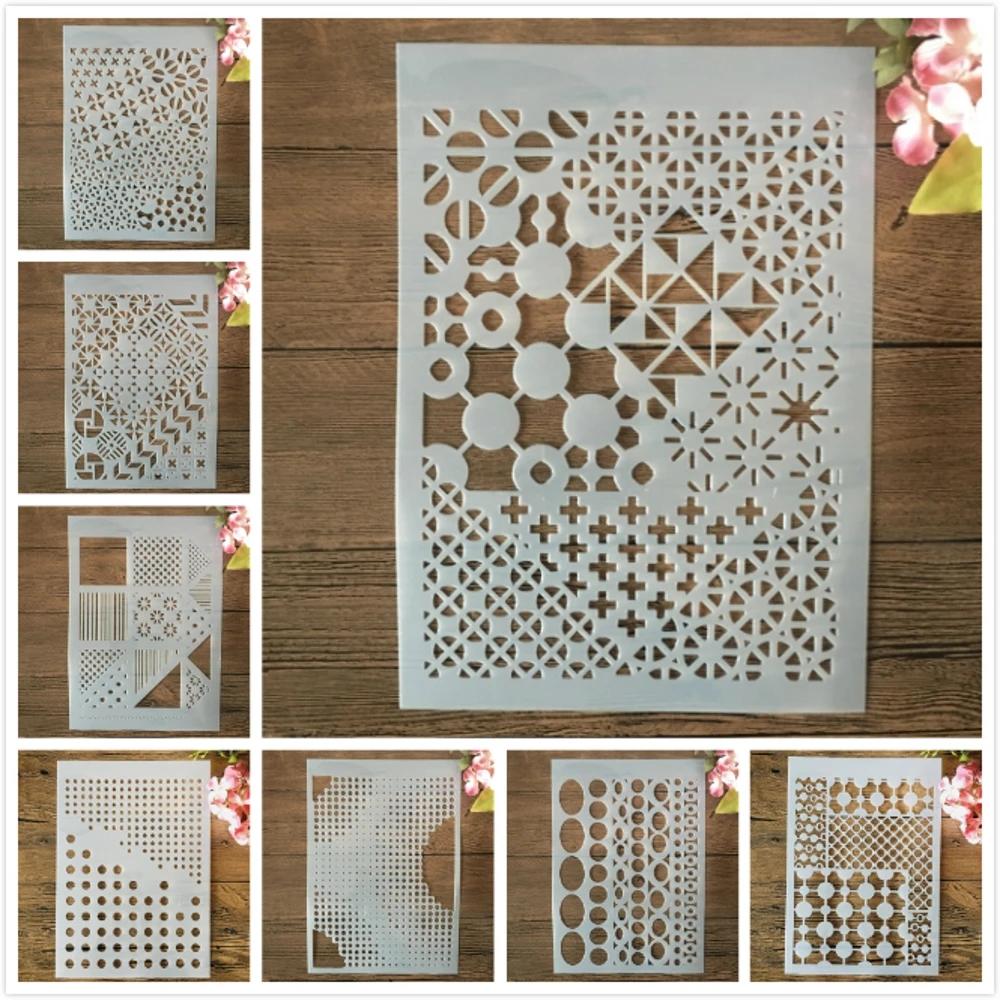 

8Pcs/Lot A4 29cm Irregular Geometry DIY Layering Stencils Wall Painting Scrapbook Coloring Embossing Album Decorative Template