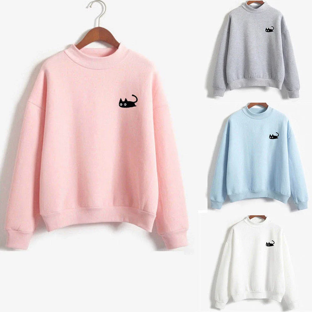 

Women Autumn Casual Sweatshirt Cute Cat Printed Pullover Tops Long Sleeve O-Neck Loose Ladies Sweatshirts