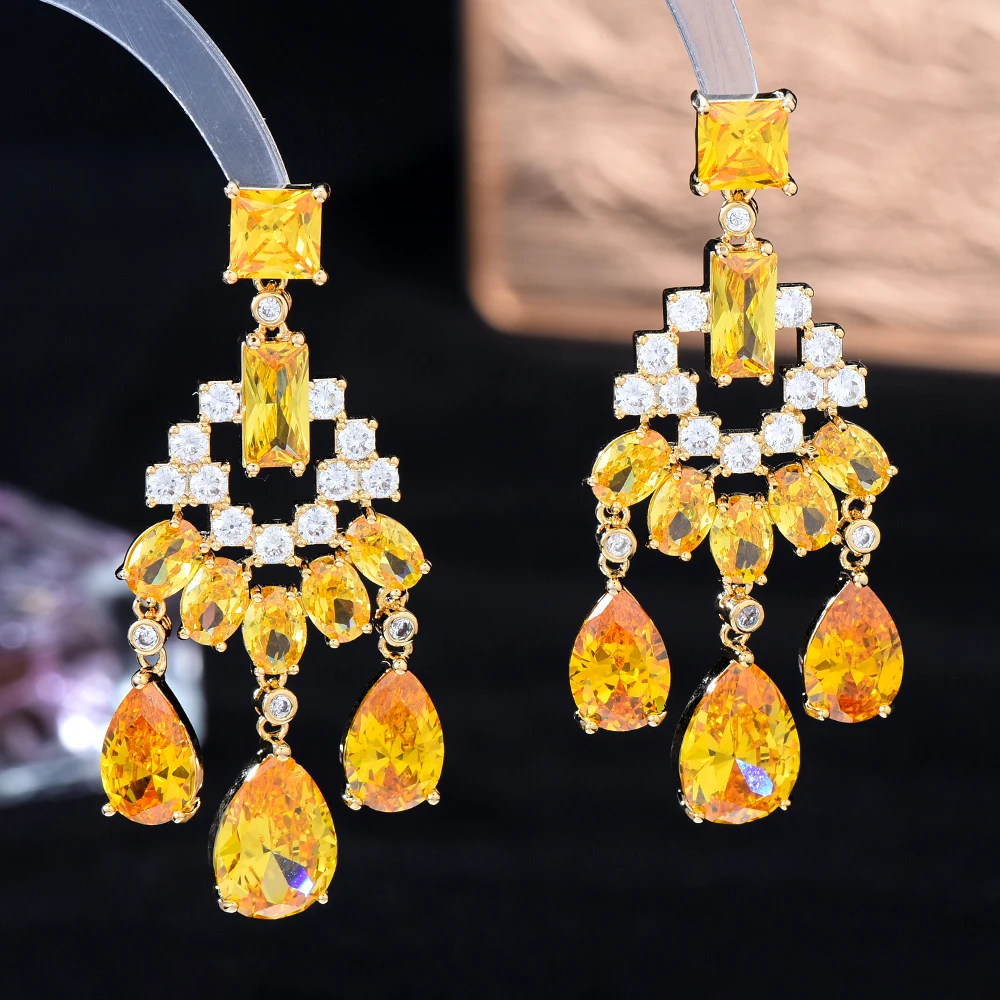 missvikki Lucky Bright Yellow Green CZ Dangle Earrings For Women Girl Daily Fashion Gift Bridal Wedding Earrings Trendy Jewelry