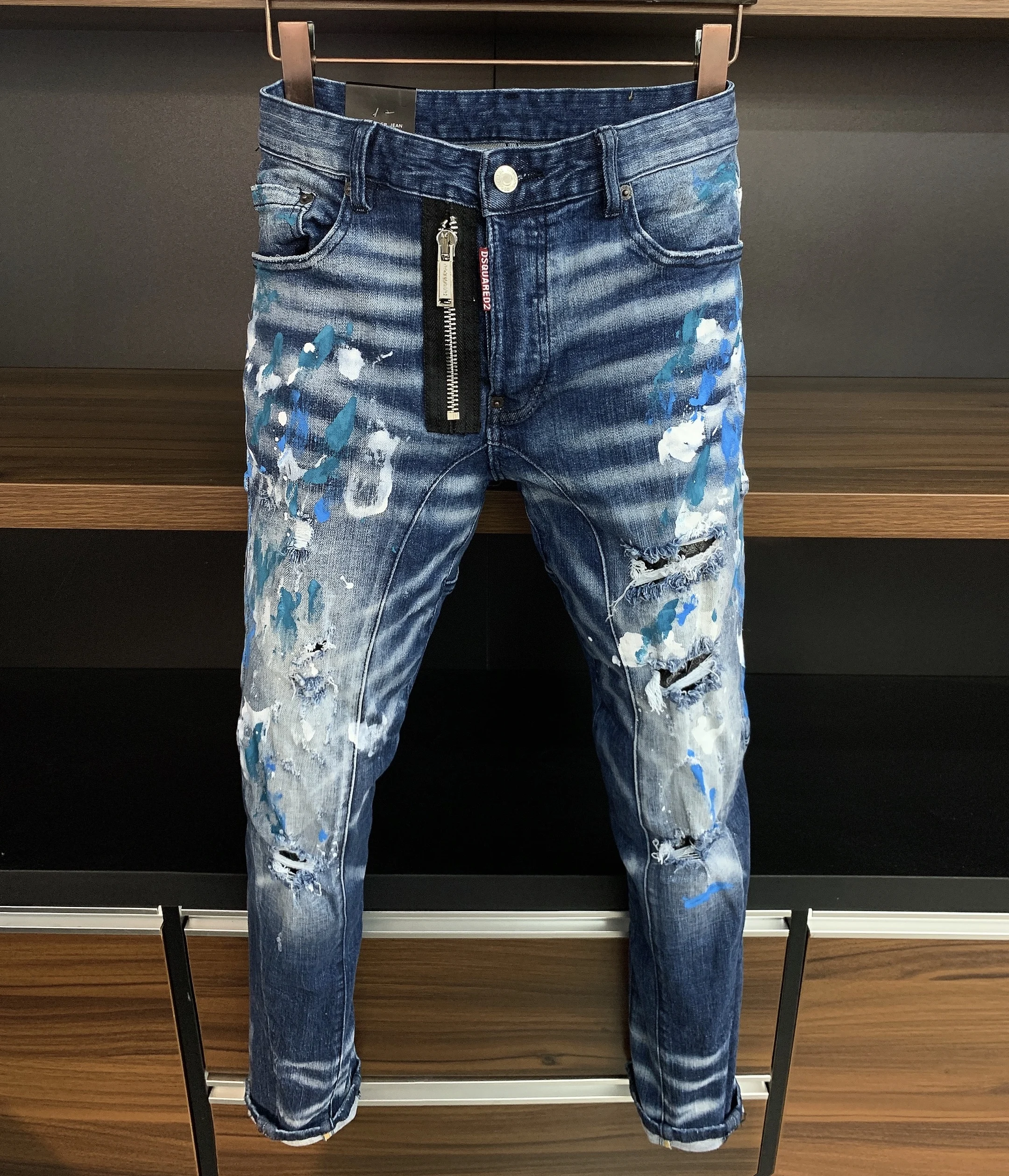 

European Style Men Fahion Brand Jeans Mens Slim Denim Trousers Blue Jeans Straight Skulls Biker Hole Black Jeans Pants for Men