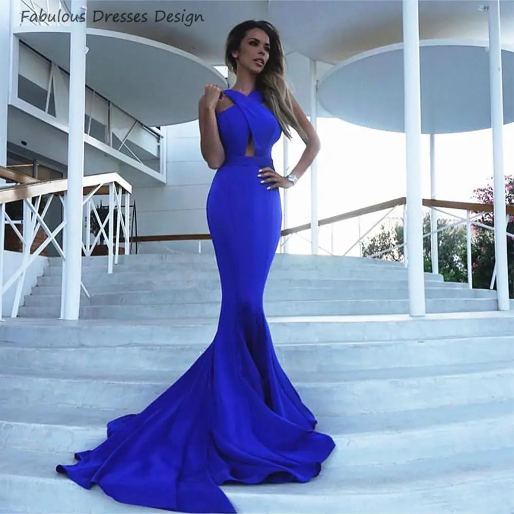

Charming Royal Blue Long Prom Dresses 2020 Hollow Out Mermaid Evening Dress Party For Women Sweep Formal Train Vestido De Festa