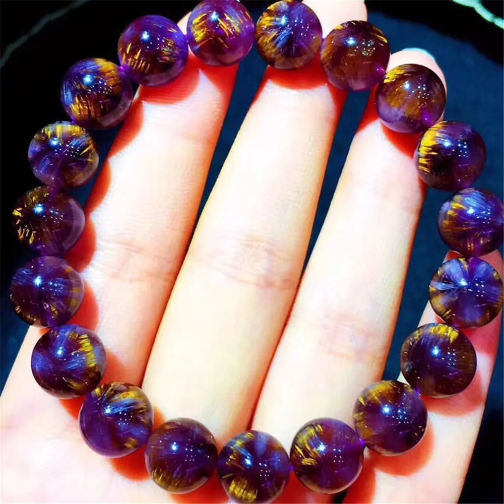 

10mm Natural Purple Red Auralite 23 Bracelet for Women Man Crystal Rutilated Titanium Round Beads Stone Stretch Jewelry AAAAA