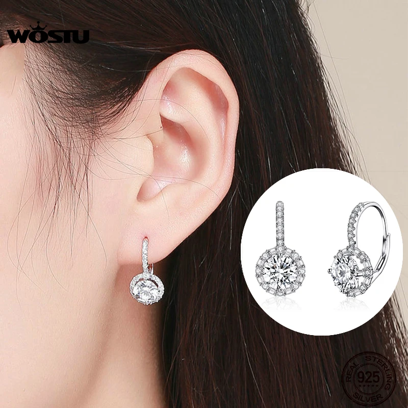 Женские серьги кольца WOSTU модные из серебра 925 пробы с кубическим цирконием
