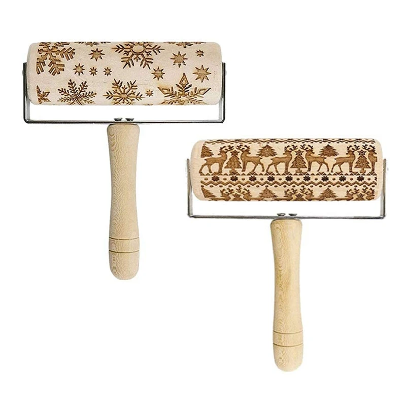 

New-2 Pcs,Christmas Wooden Hand-Held Embossed Pattern Rolling Pins, Grip Engraved for Baking Non-Stick (Snowflake+Elk)