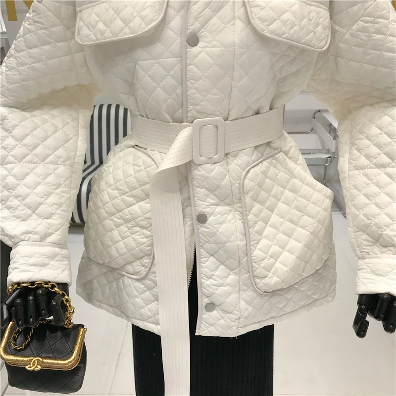 

Winter Elegant British Plaid cotton jacket women's new fall 2021 loose style thick padded jacket with belt MY385