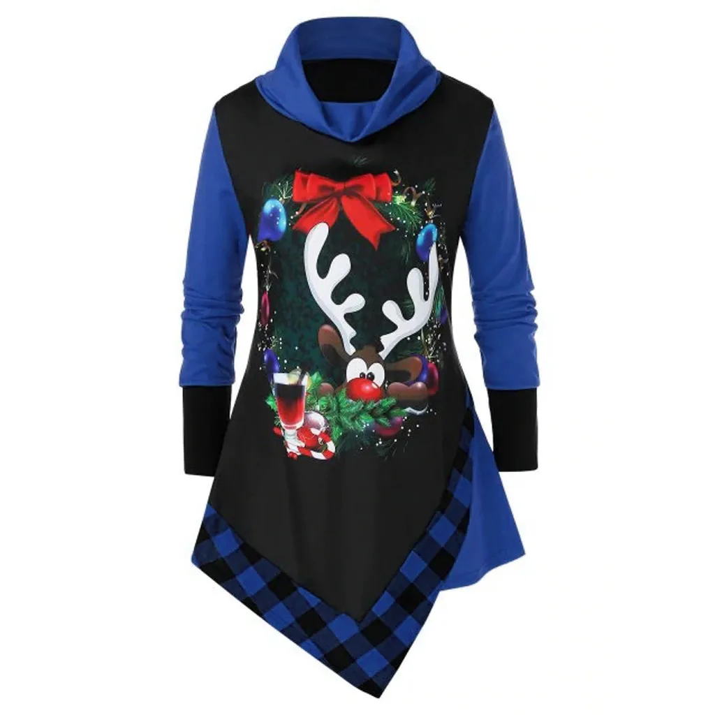 Женская рождественская клетчатая длинная футболка с принтом оленя бархатный
