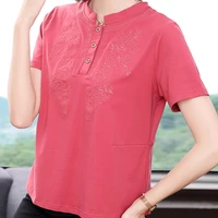 floral embroidery t shirt 2021 new summer tops cotton button t shirt women casual plus size tshirt short sleeve tee shirt femme
