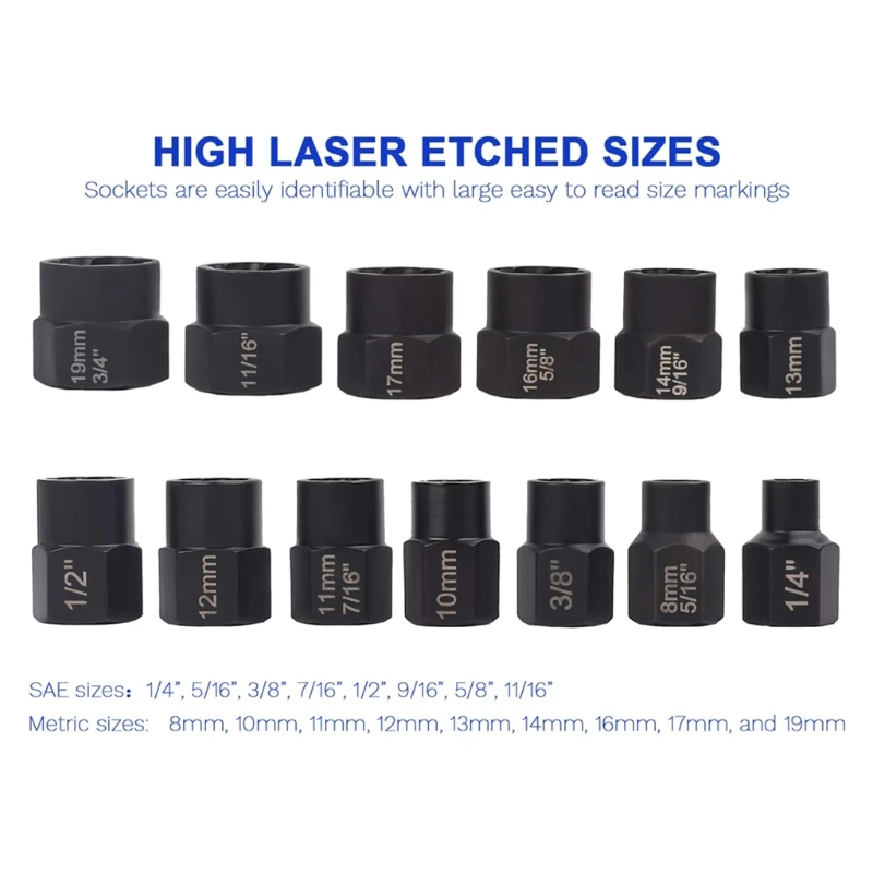 

2021 New 13 Pieces Impact Nut Removal Tool Set Nuts and Screws Extractor Socket Tool Kit Alloy Steel Material High Hardness
