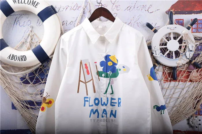

2020 New Autumn Women Blouse Japan Style Cute Cartoon Letter Printing Loose Long Sleeve White Shirt Women