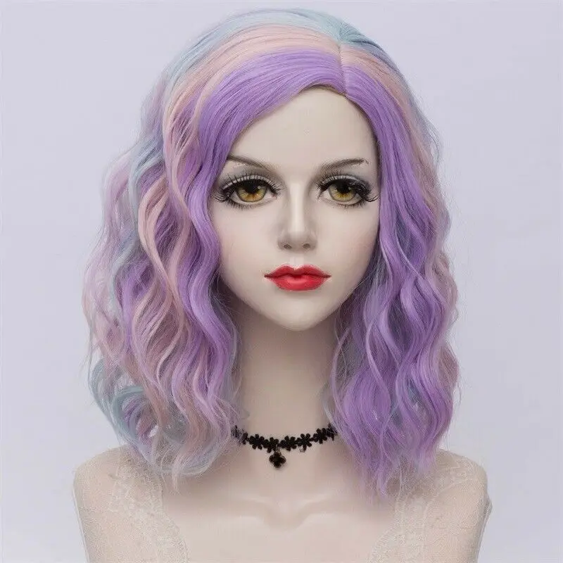 pink purple wig 27 стиль радуги многоцветные Хэллоуин 35 см вьющиеся синтетические парик Лолита Средний Омбре вечерние Косплей - Цвет: pink purple wig