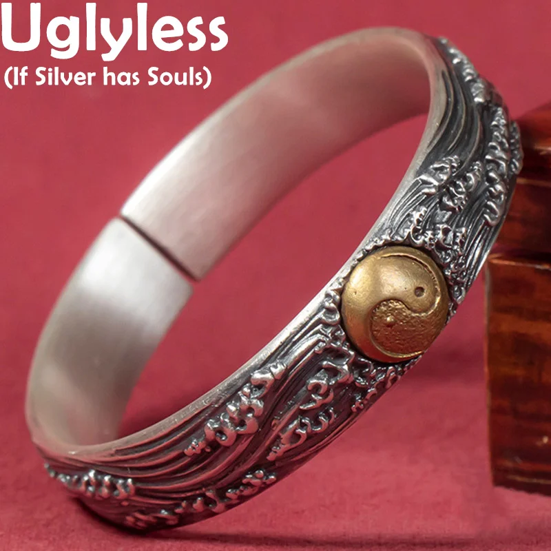 

Uglyless 999 Silver Eight Trigrams Taoist Jewelry Unisex 13MM Wide Hand Engraved Waves Bangles Miao's Silver China Chic Jewelry