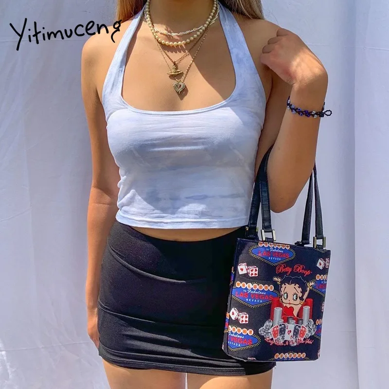 Yitimuceng принт вареный кроп-топы женская одежда модная с лямкой на шее