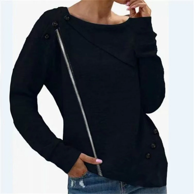 

Women Loose Zipper Sweatshirt Fashion Casual Style 2021 Solid Color Long Sleeve Buttoned Striped Lapel Knit Top New