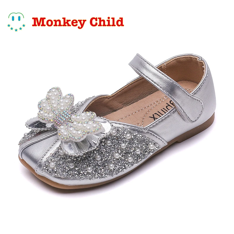 

Girls Shoes Bling Princess Shoes Bow Pearl Crystal Mary Janes Shoes Glitter Kids Flats Children Single Shoe Wedding beautiful