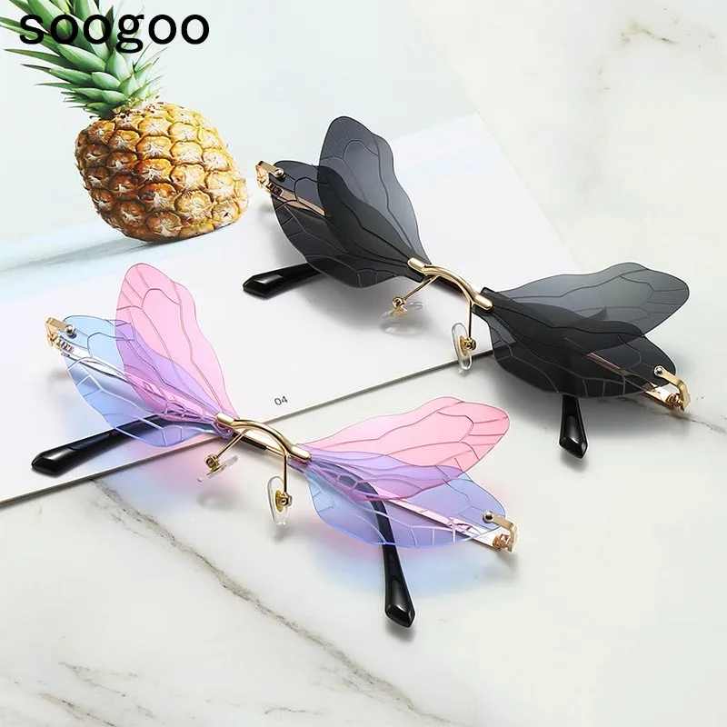 Steampunk Dragonfly Rimless Sunglasses Women 2021 Fashion Luxury Brand Designer Gradient Clear Lens Sun Glasses For Men | Аксессуары для