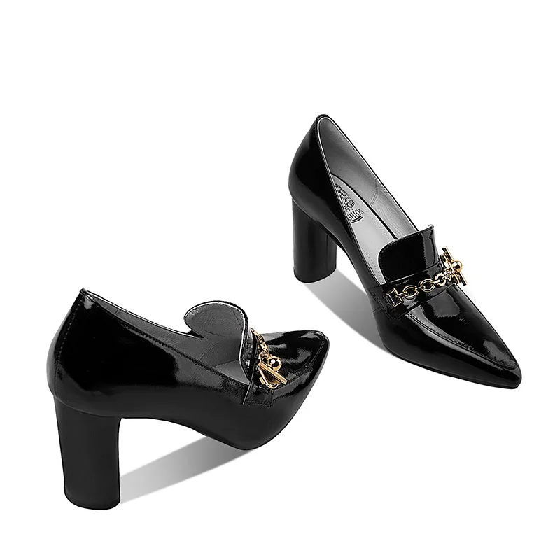 

Women Shoes Pumps Ladies High Heels Spring Office Wedding Dress Patent Leather Metal Chain Ladies Shoe Fashion Pointed Toe Heels