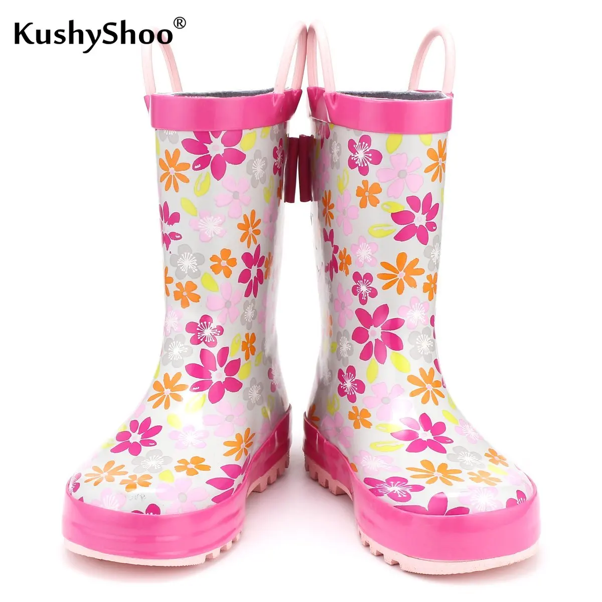 

KushyShoo/детские резиновые сапоги для девочек с милым цветочным принтом и ручками; Непромокаемые сапоги; Детская обувь; Kalosze Dla Dzieci