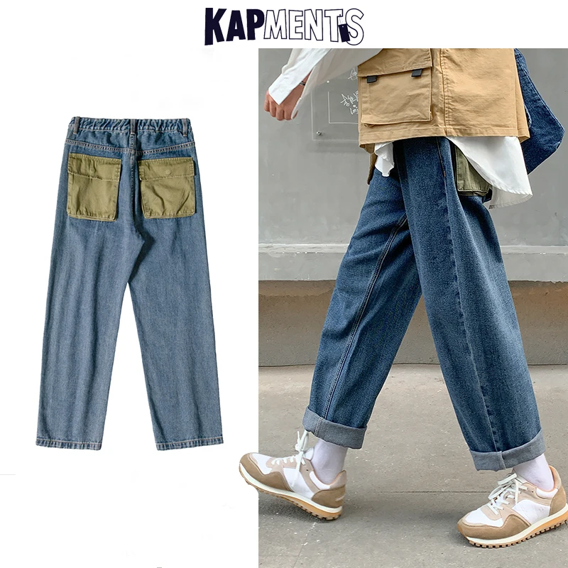 

KAPMENTS Men Hip Hop Patchwork Cargo Jeans 2022 Spring Mens Pockets Korean Streetwear Harem Denim Pants Fashions Casual Joggers