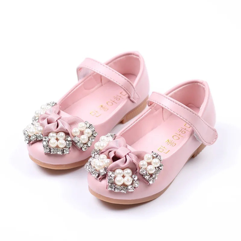 

2022 Fashion Rhinestones Pearl Bow toddler girl leather school shoes size 8 For Kids Leather Shoes Party 1 2 3 4 5 6 7 8 9 10 11