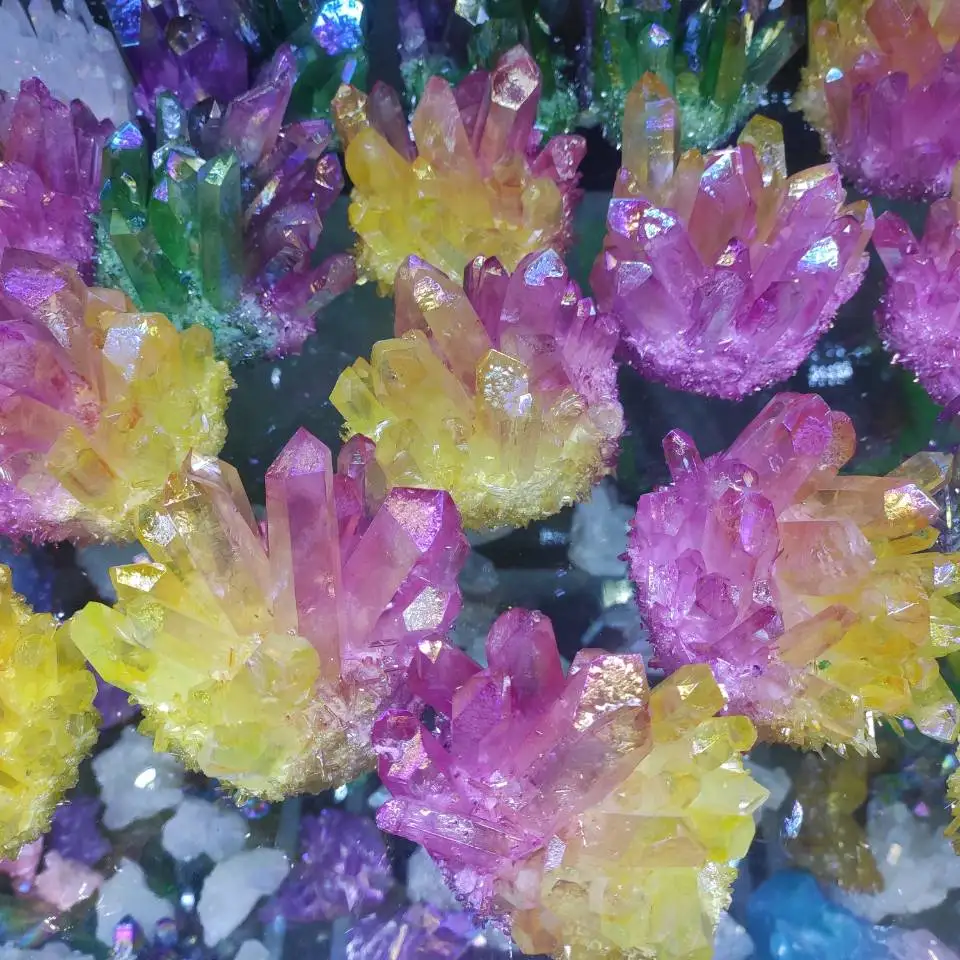 

New Pink+yellow Electroplated Vug Crystal Quartz Specimen Electroplating Crystal Clusters Decoration Gift Healing