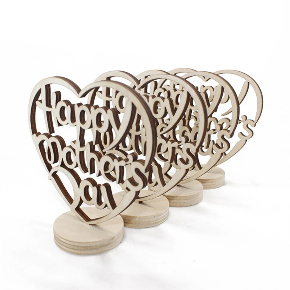 

Heart Plaque Letter Sign Pendant Hollow Ornament Happy Mother's Day Decor 4pcs Gift Wooden Home Decoration