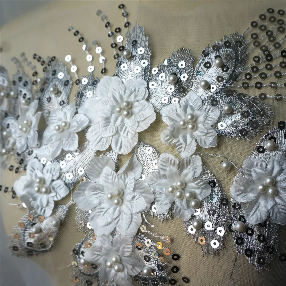 Белая блестящая кисточка 3D Цветочные бусины розы кружевная ткань вышитая