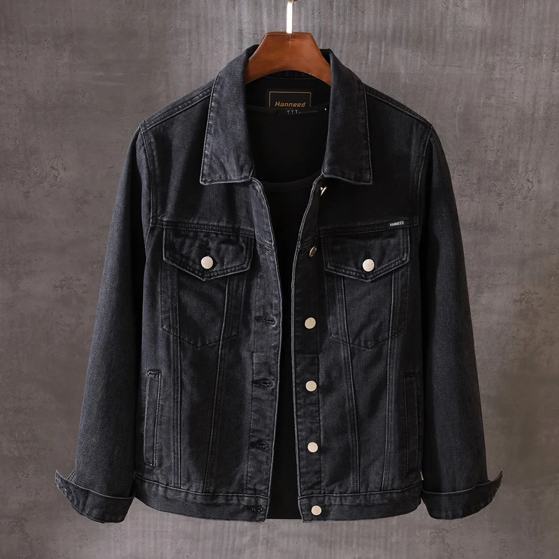 

Мужская джинсовая куртка, черного цвета, с вышивкой, в британском стиле