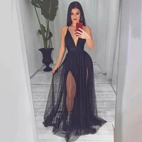 fashion black tulle deep v neck spaghetti straps sleeveless backless formal evening dress sweep train weding party prom gowns