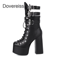 fashion winter new sexy pure color round toe buckle waterproof cross tied motercycle boots chunky heels ankle boots buckle 45 46