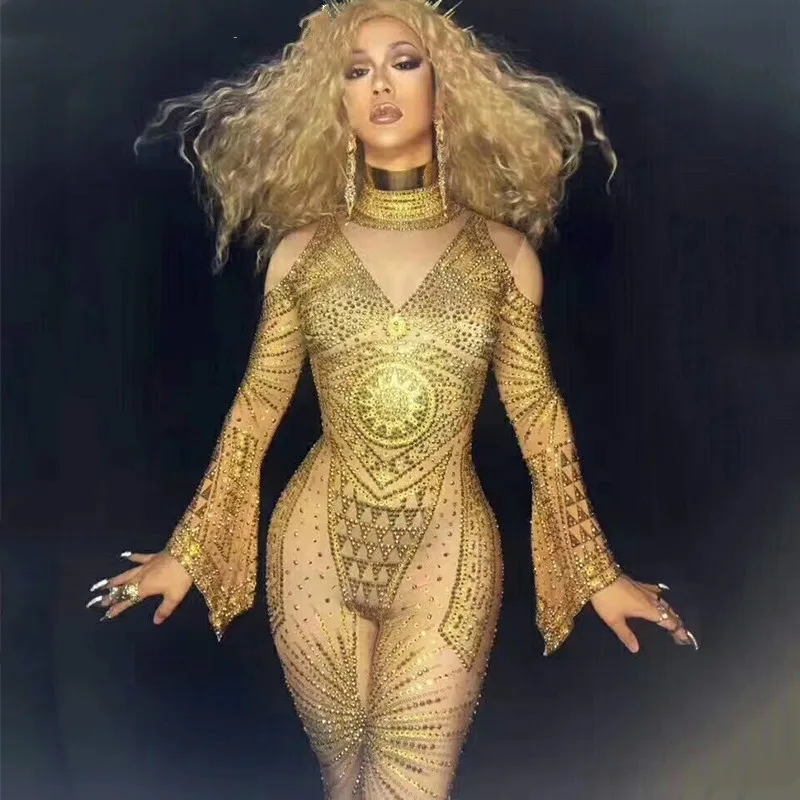 Соблазнительный сценический комбинезон с золотыми стразы телесного цвета со