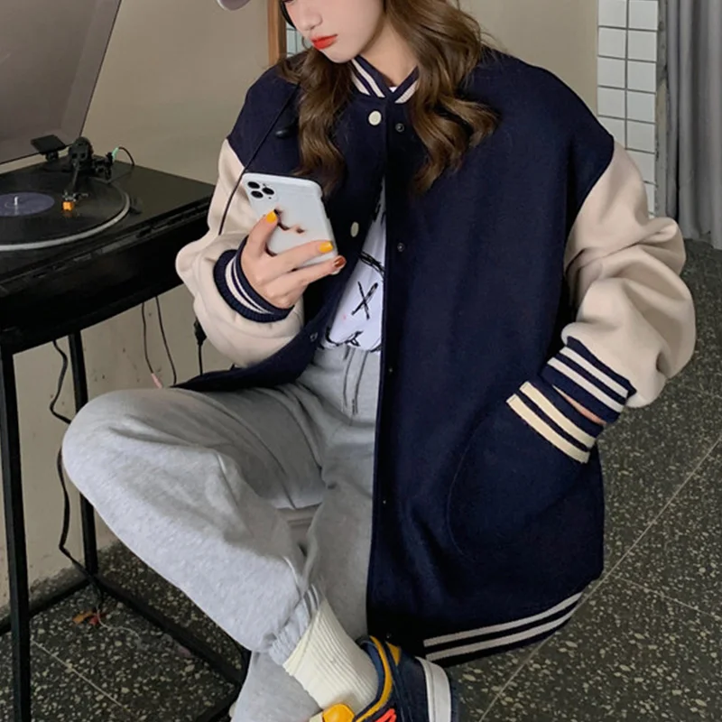 

Women Baseball Bomber Jacket Autumn Casual Loose Pockets Stripe Single Breasted Patchwork Oversized Jacket Coat Outerwear Tops