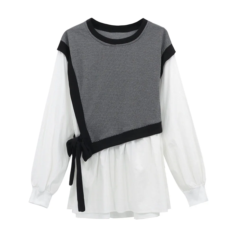 

Korean Janpanese Fake Two Piece Women Tops Loose 2020 Spring Summer Office Lady Lantern Sleeve Casual Chic Girls Blouses Shirts