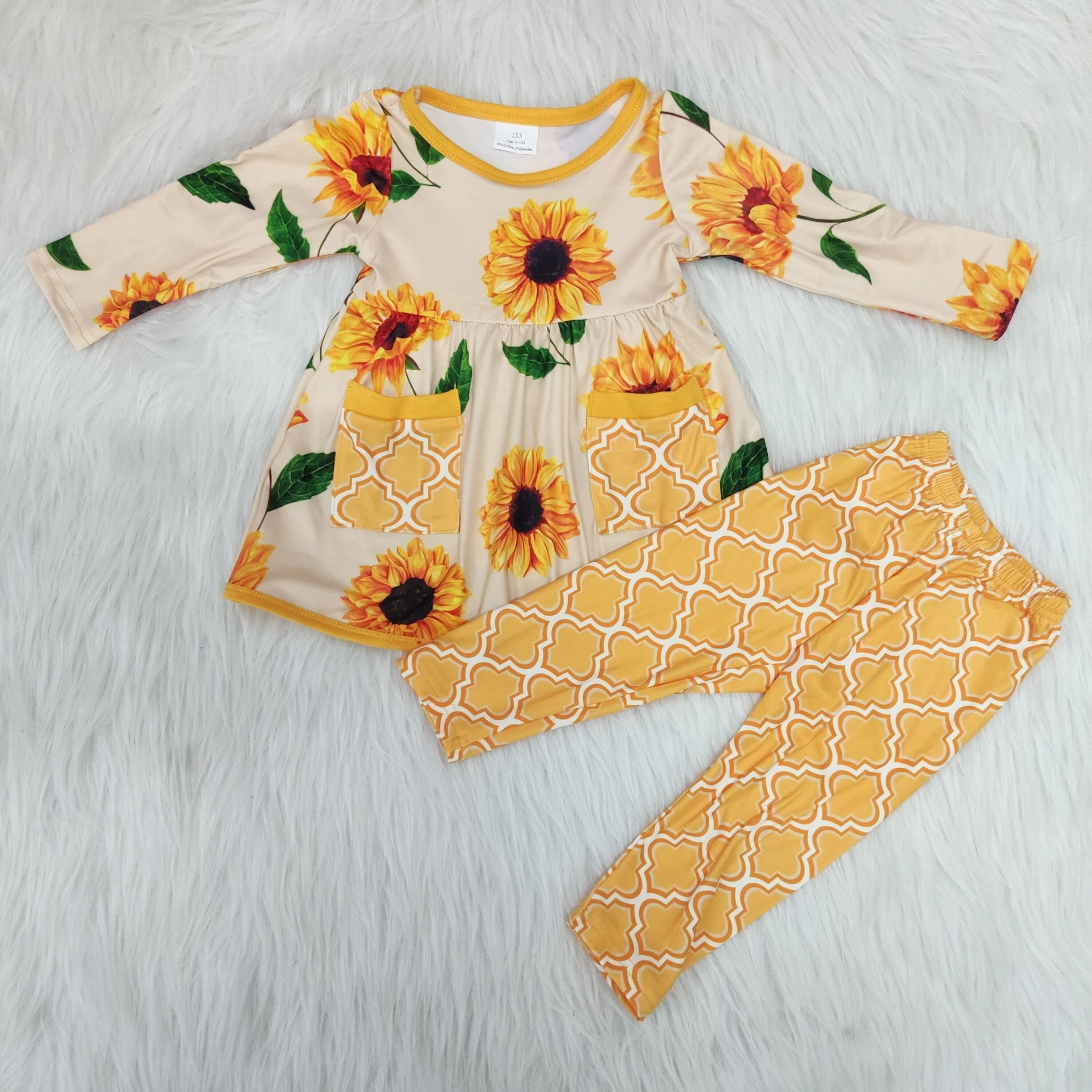 

Sunflower Print Girl Long Sleeve Set Design Pocket Yellow Straight Yellow Trousers yll