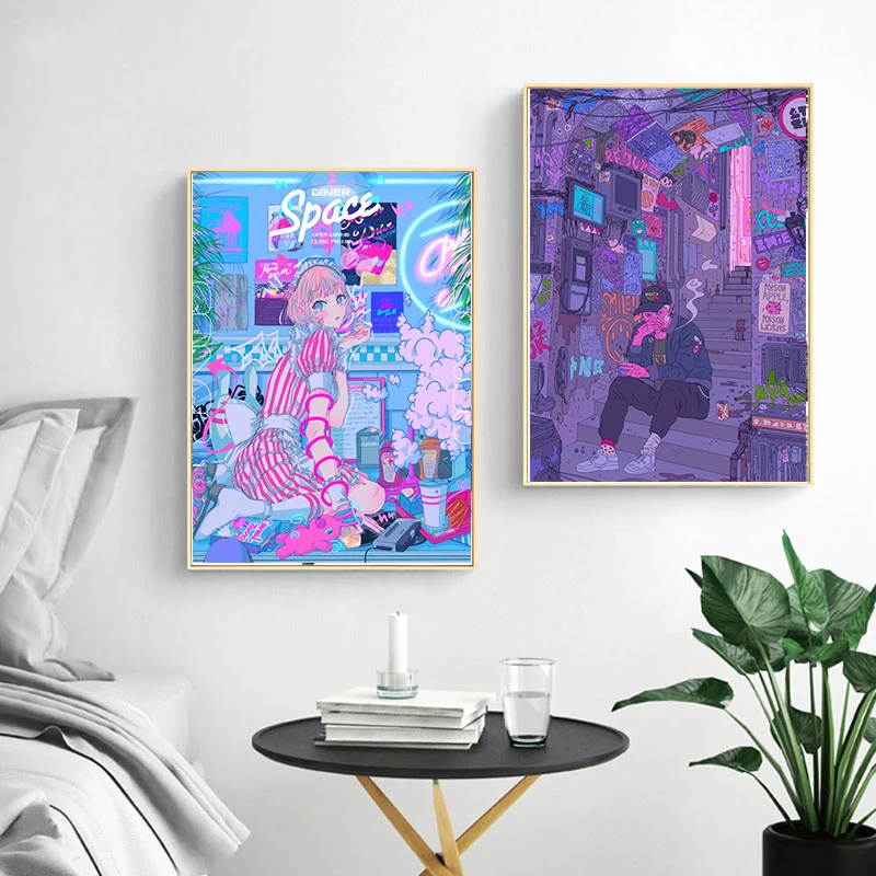 Цветные постеры WTQ в стиле аниме с изображением ночного города девушки обеденной