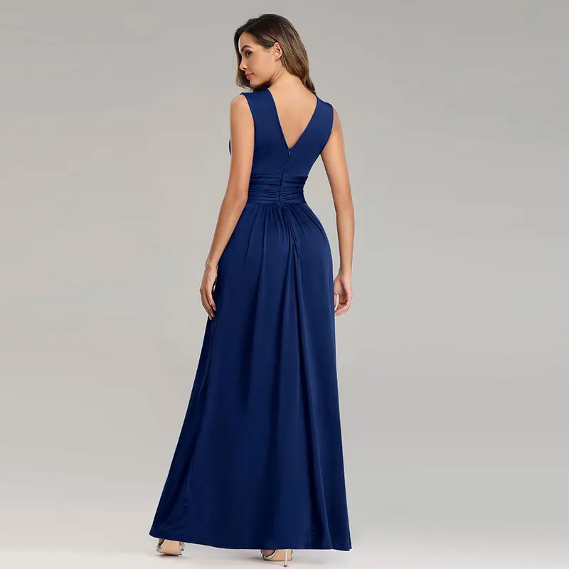 Beauty Emily Flexible V Neck Chiffon Evening Dresses Long Sleeveless Plus Size Open Back Pleated Formal Prom Gowns for Party