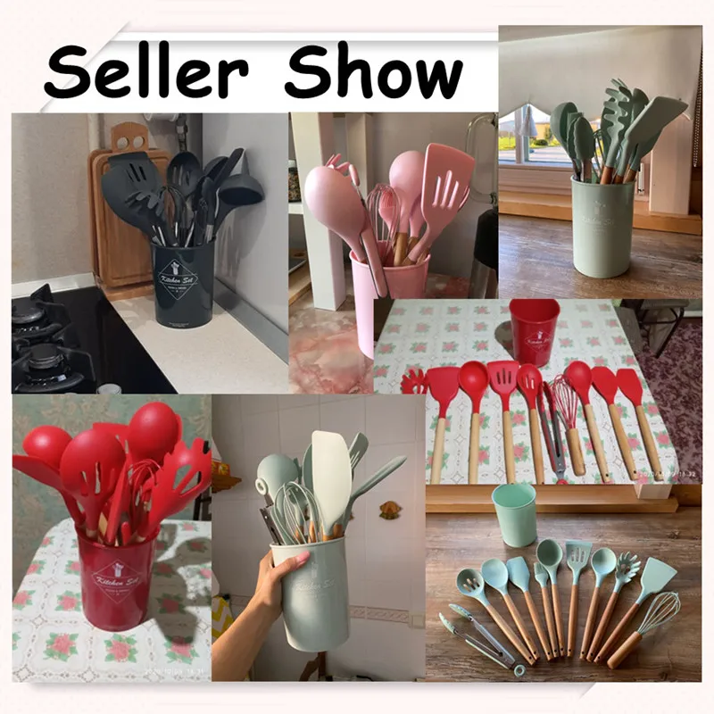 

Silicone Cooking Utensils Set Non-stick Spatula Shovel Cooking Tools Set Wooden Handle With Storage Box Kitchen Tools 9/10/12PCS