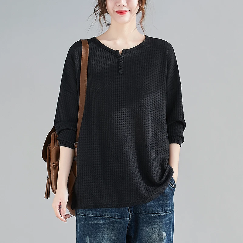 

Spring Women Top Long Sleeves Tees V-Neck Button Loose Korean Fashion Basic Solid Color Literary Ladies Casual Daily T-Shirt New