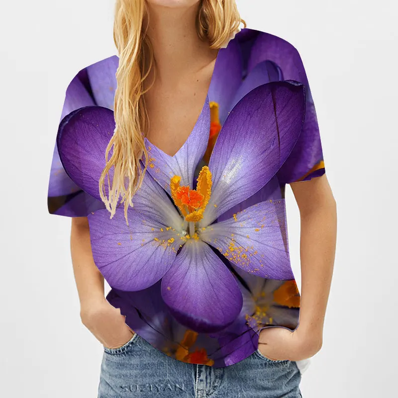 

Women's Color Flower Print 3D T-shirt Summer Casual Women Harajuku Short-sleeved Women V-neck Street T-shirt 2021