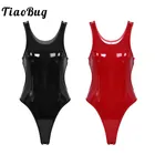 Женский костюм для танца на шесте TiaoBug, металлические стринги из полиуретановой кожи с открытой спиной и высоким вырезом, для ночных клубов и выступлений